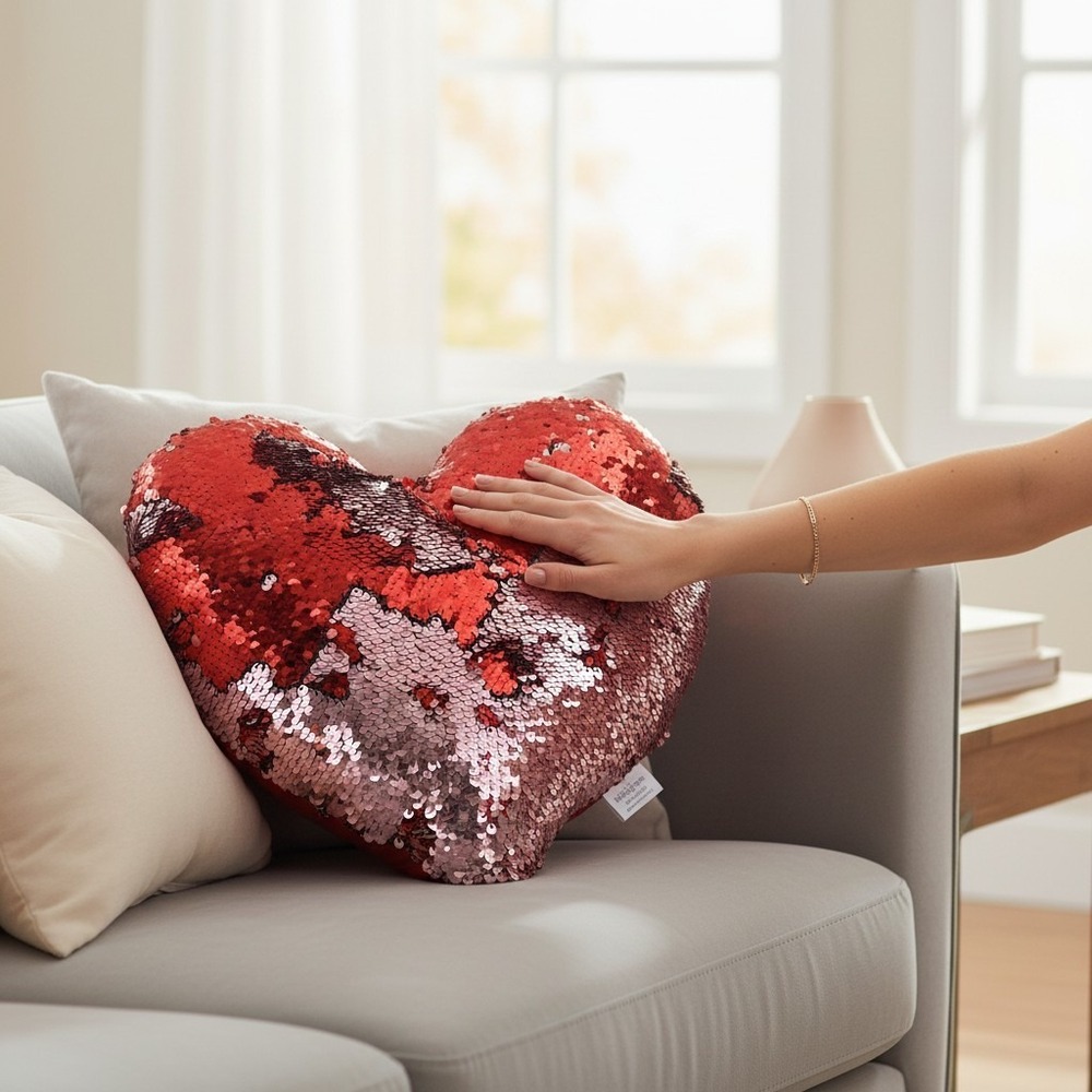IQ Accessories Heart Pillow Unisex OS Red Pink Brand New Reversible Sequin Decor